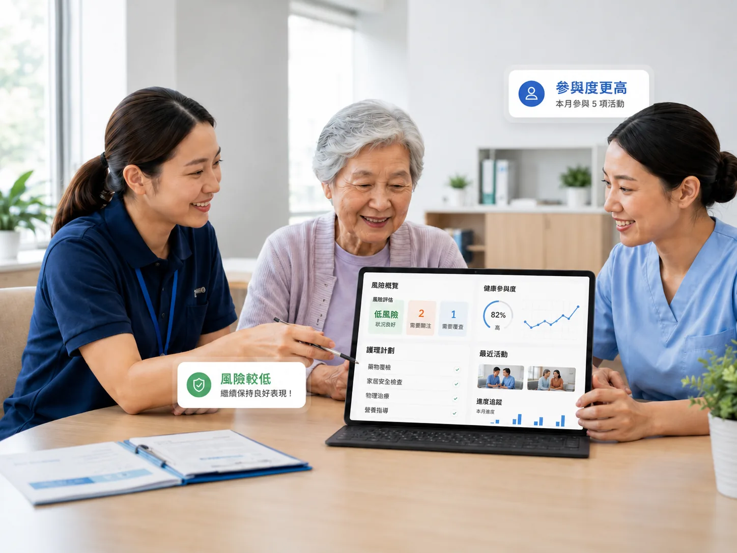 職員與長者一同使用 SilverCare 平台檢視風險、參與度及照護進度
