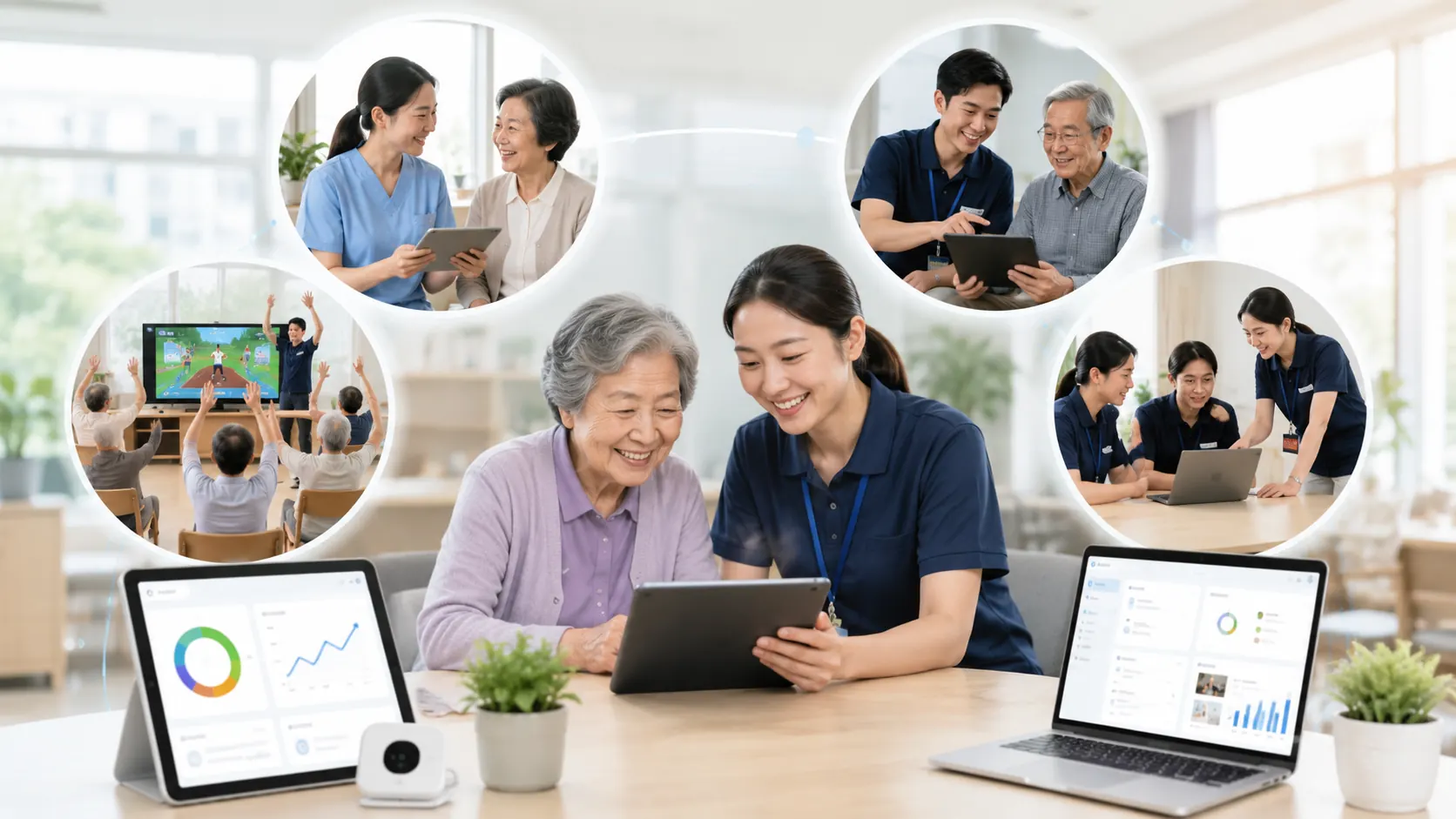 長者中心、家居照顧、復康訓練及服務管理場景整合示意